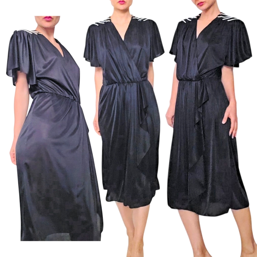Vintage 70s Lizzy&Johnny Black Wrap Sequin Disco Dolman Sleeve Midi Dress Size M